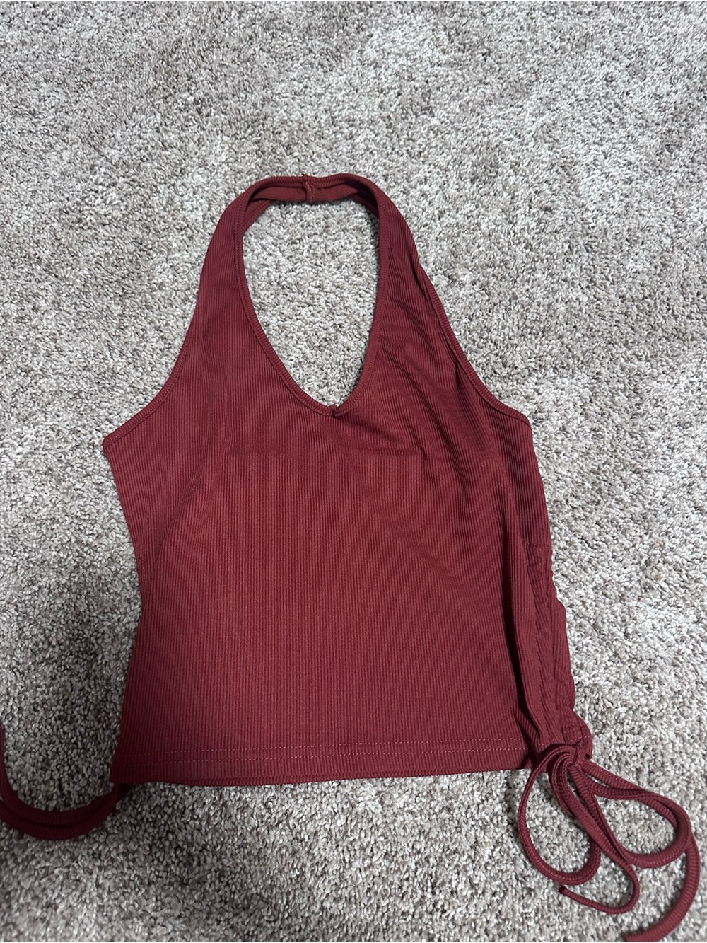 Halter Ribbed Tank Top with Side Ties - Burgundy